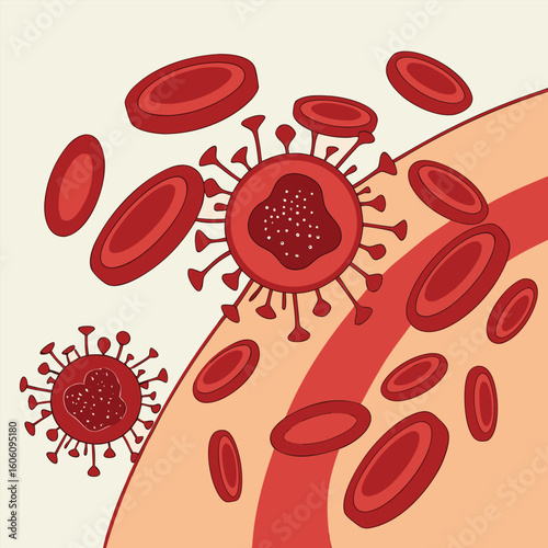 Microscopic view of virus cells spreading in the bloodstream generated by ai