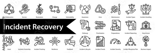 Incident Recovery Icon Collection Set. Containing: 

Response,Resolution,Escalation,Communication,Mitigation,Recovery,Analysis,Documentation,Continuity,Risk,Prevention,Incident,Alerting,Investigation