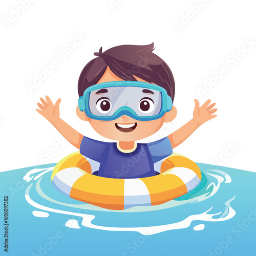 A cute cartoon boy with swimming goggles on an inflatable ring, having fun in the water. Vector illustration for summer vacation.