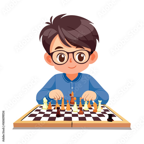 Smart little boy with glasses playing chess. An adorable cartoon illustration of a child engaged in a strategic board game and hobby.