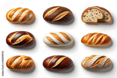 Artisan sourdough bread loaves with golden crusts and scoring arranged in a grid pattern on a white background