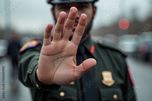 Person extending a hand in a stop gesture.