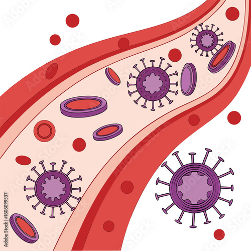 Microscopic view of virus cells spreading in the bloodstream generated by ai