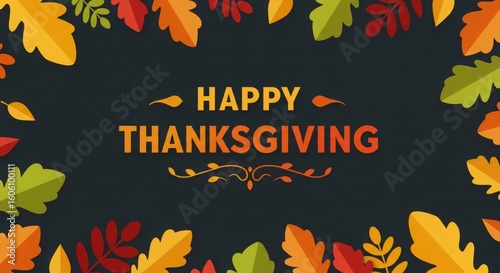Warm autumn leaves frame 'Happy Thanksgiving' message with vibrant seasonal colors