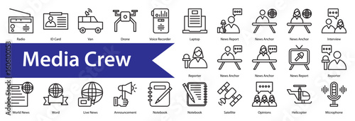 Media Crew Icon Collection Set. Containing: 

Gossip,Press Release,Gossip,Live Streaming,Time And Date,Hot News,Interview ,Talk Show,News Anchor,Fake News,Speaking,Weather Forecast,News Office