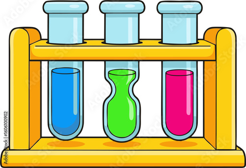 Colorful Laboratory Test Tubes in a Wooden Rack, Science Experiment.