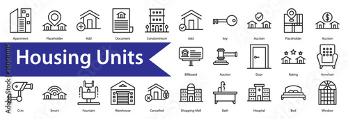 Housing Units Icon Collection Set. Containing: 
Apartment,Placeholder ,Add ,Document ,Condominium,Add,key,Auction ,Placeholder,Auction,Billboard,Auction,Door,Rating,Armchair ,Cctv,Smart,Fountain