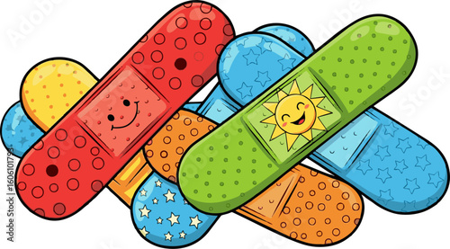 Colorful, Smiling Bandages with Unique Patterns and Cheerful Cartoon Faces.