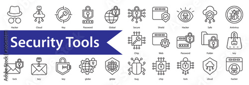 Security Tools Icon Collection Set. Containing: 

Hacker,Cloud,Key,Password,Global,Secure,Shield,Hacker,Safe,Antivirus,Chip,Web,Password,Folder,key,lock,key,key,globe,globe,bug,chip,lock,cloud,hacker