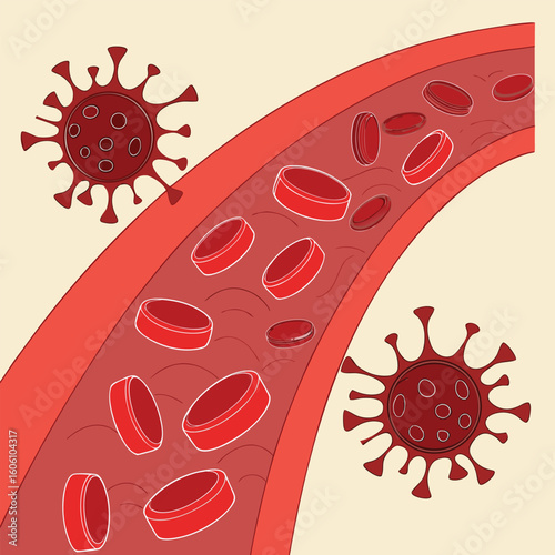 Microscopic view of virus cells spreading in the bloodstream generated by ai