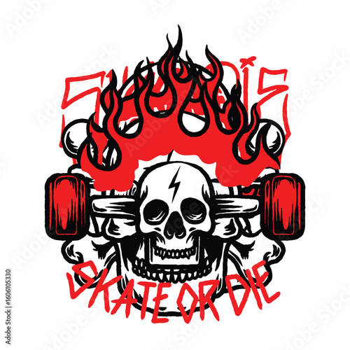 Hand drawn vintage skate skull wheels