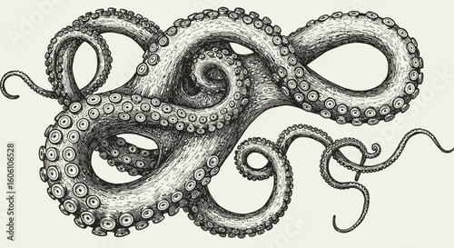 Detailed Vintage Octopus Illustration with Intricate Tentacle Design on a Cream Background