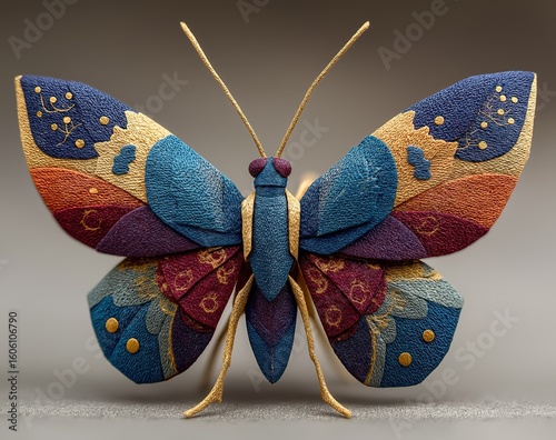 This image shows a colorful butterfly with rich colors and patterns on its wings, a work of origami art