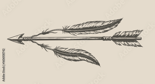 Vintage style illustration of a traditional arrow with feathers and arrowhead