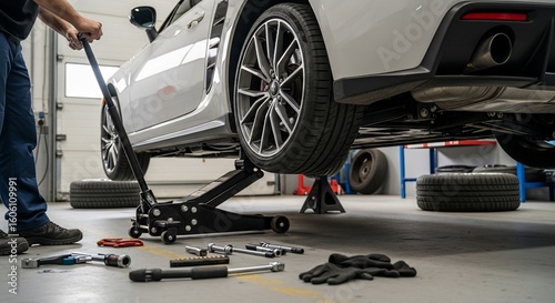 Mechanic lifts a car using a floor jack in a garage, preparing for maintenance or repair.