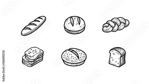 Collection of six different types of bread and baked goods in a hand drawn sketch style