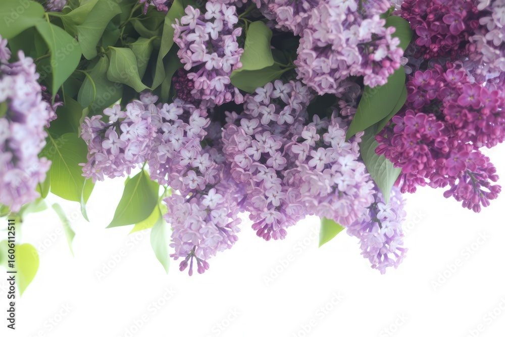 Fototapeta premium Blooming Lilac Branches on a Bright Background Showcasing Delicate Purple and Green Hues Perfect for Spring and Floral Designs