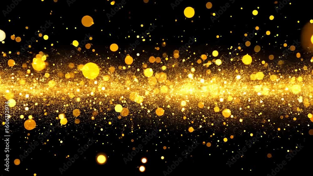 Golden glitter particles sparkling in motion on black background with dynamic lighting effects