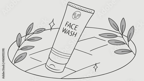 Illustration of facial cleanser face wash tube with leaves for skincare and beauty product promotion