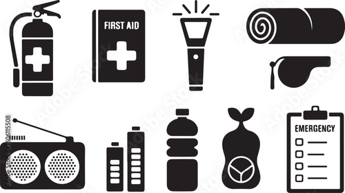Essential Emergency Survival Kit Icons Set