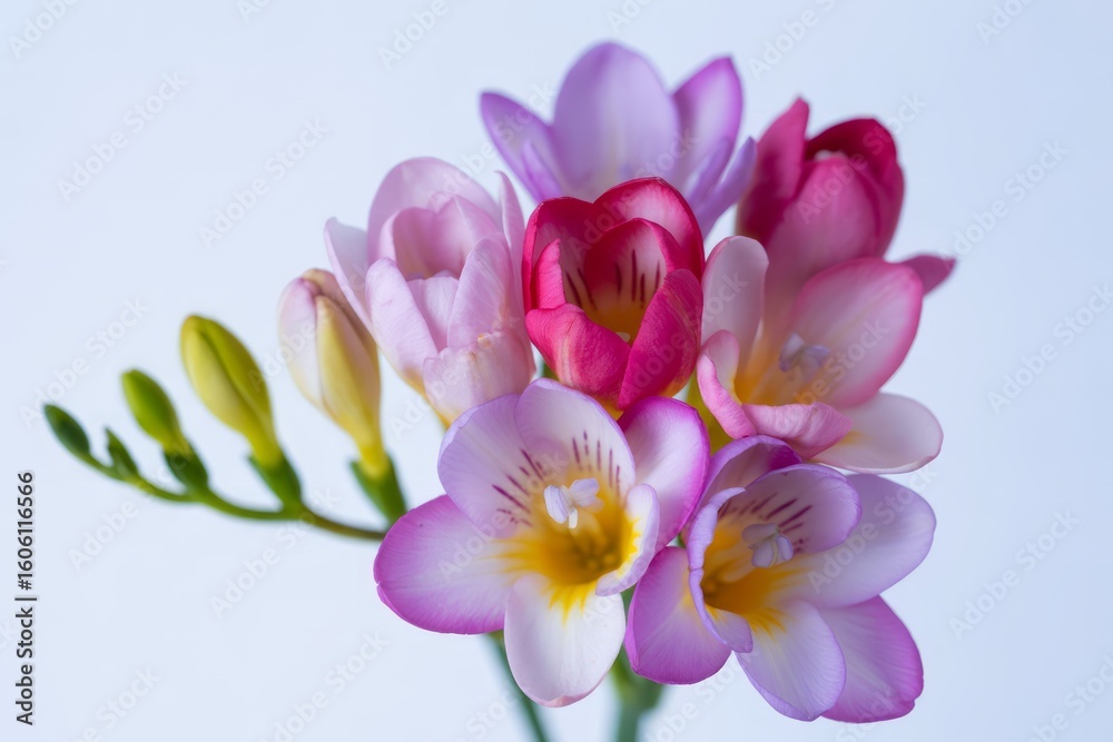 Naklejka premium Delicate Freesia Flowers in Pastel Hues against a Soft White Background Spring Floral Beauty Still Life