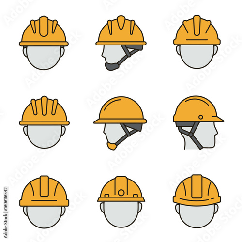 A vector illustration showcases nine different views of yellow hard hats, perfect for use in construction, safety, or industrial design projects, with minimalist style.
