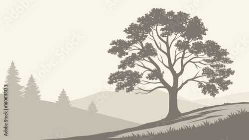 Landscape illustration of a tree with mountains and forest in beige and gray color scheme art print