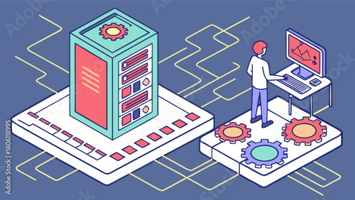 Isometric data center server management system administrator working on network infrastructure automation
