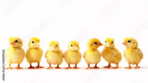Seven Fluffy Chicks in a Row for White Background.