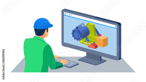 Engineer working on cad software for 3d modeling design and product development on computer screen