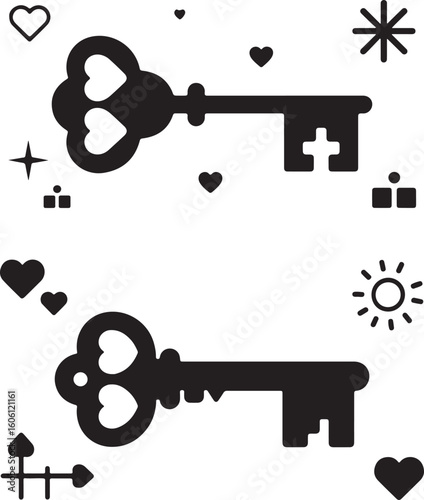  A black-and-white illustration of two keys with heart-shaped bows, surrounded by various small heart and star symbols, symbolizing love, unlocking, and connection.