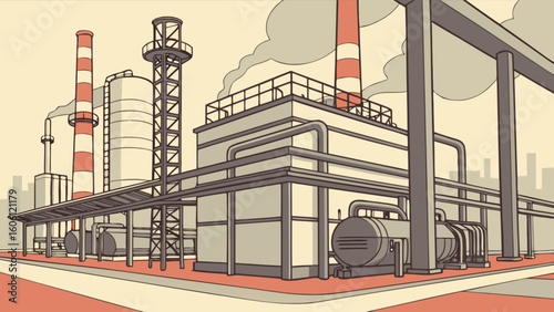 Industrial factory plant illustration with smokestacks and pipes for energy production concept