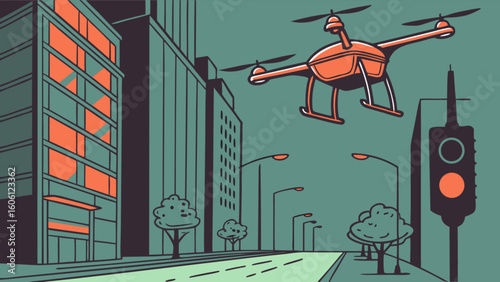 Drone technology in urban city landscape aerial photography and surveillance innovation for modern life
