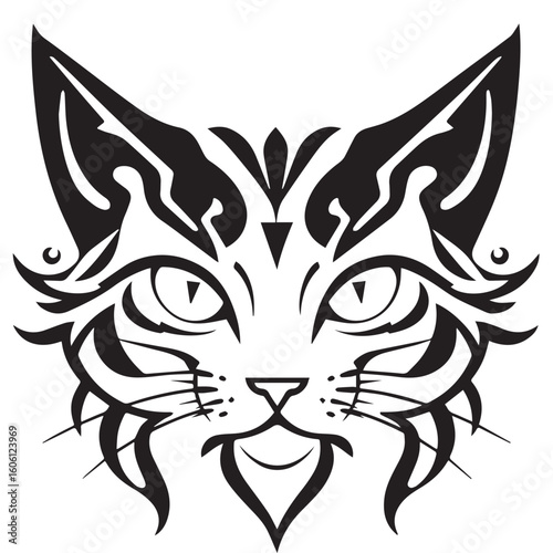 Stylized black and white tribal cat face with sharp ears and piercing eyes tattoo design