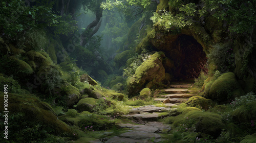 Magical forest path leading to glowing grotto. Rich greenery, soft ethereal light illuminates woodland scene. Fantasy adventure, nature exploration, eco tourism. Secret garden, fairy tale, enchanted 
