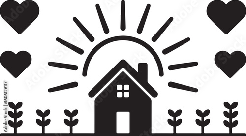 A black-and-white illustration of a house with a sunburst of hearts and surrounding plants, symbolizing love, warmth, and home.