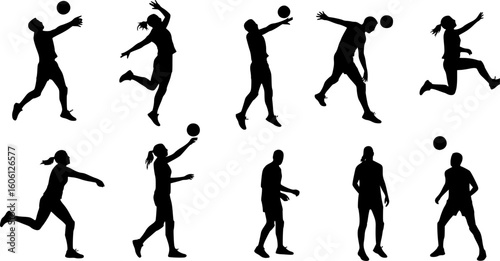 Group of volleyball players, men and women playing volleyball, set of isolated vector silhouettes	