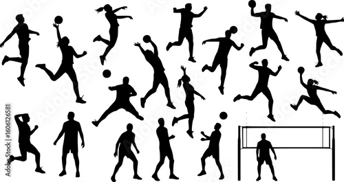Group of volleyball players, men and women playing volleyball, set of isolated vector silhouettes	