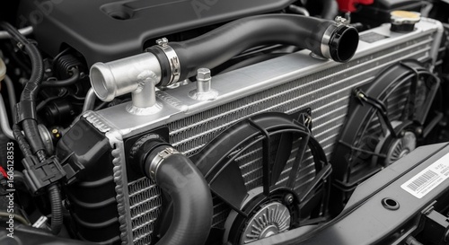 Close-up of a car engine radiator with cooling fans, hoses, and metal components.