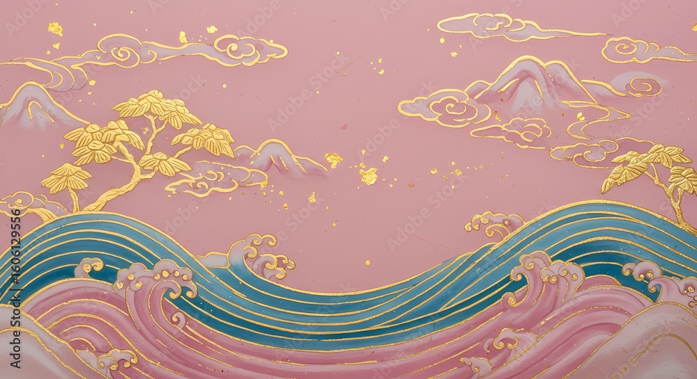 Obraz premium Pink - Gold Auspicious Clouds and Waves Chinese - Style Decorative Painting