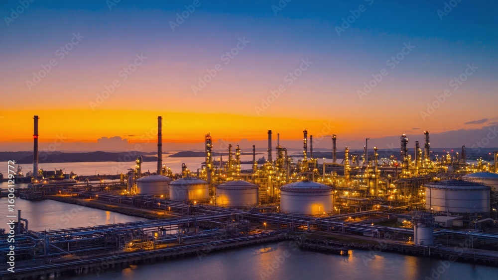 Fototapeta premium Complex oil refinery near water with dramatic sunset sky, featuring distillation towers, pipes, and tanks, representing fossil fuel production and environmental considerations energy infrastructure