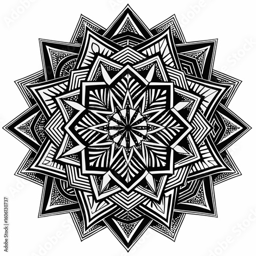 Intricate black and white geometric mandala pattern with sharp angles abstract bold