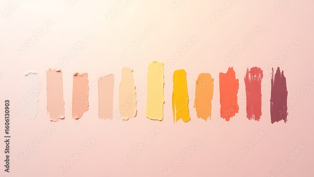 Obraz premium Makeup foundation swatches on pink background beauty product shades for skin tone matching and color palette