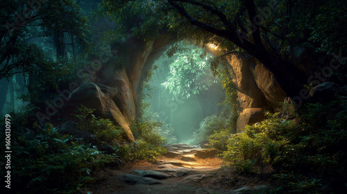 Magical forest path leading to glowing grotto. Rich greenery, soft ethereal light illuminates woodland scene. Fantasy adventure, nature exploration, eco tourism. Secret garden, fairy tale, enchanted 