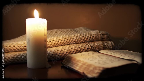 Warm ambiance with a lit candle casting its glow on a stack of knitted blankets and an open handwritten journal