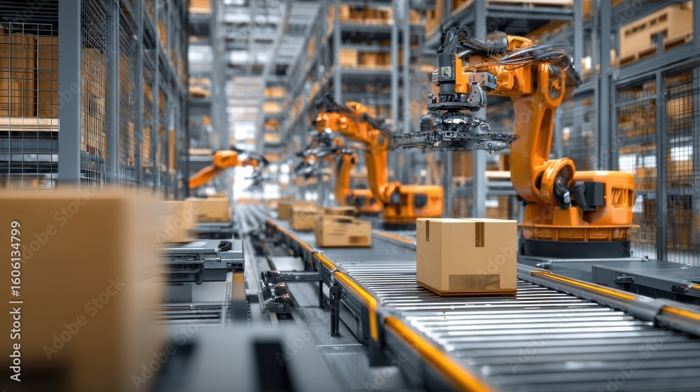 Fototapeta premium Automated Robotic Arms Handling Boxes on Conveyor Belt in Warehouse
