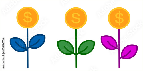 A collection of vector illustrations of money trees in a modern and simple line style. Money tree illustrations for business growth concepts. Isolated on a white background.