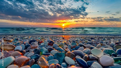 Sunset Seashore: Colorful Glass Pebbles Beach.