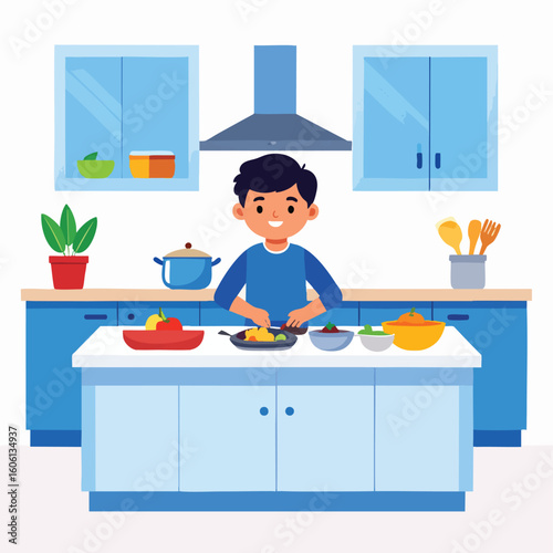 Young man cooking in a blue and white kitchen, chopping vegetables on a pan.