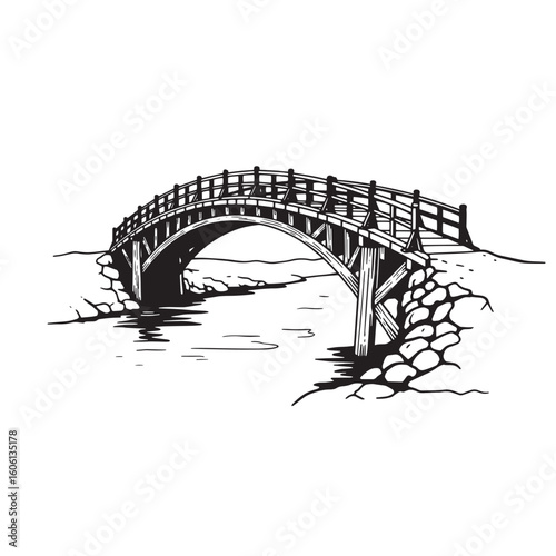 Arching wooden bridge over water with stone embankment river
